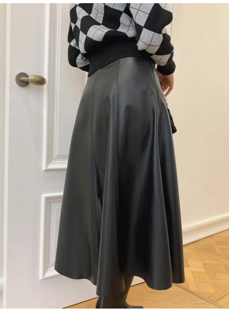 Genuine Leather Skirts For Women 2025 Europe Street Top Layer Sheepskin Pleated Faldas Mujer Long Umbrella Super Large Hem Jupe