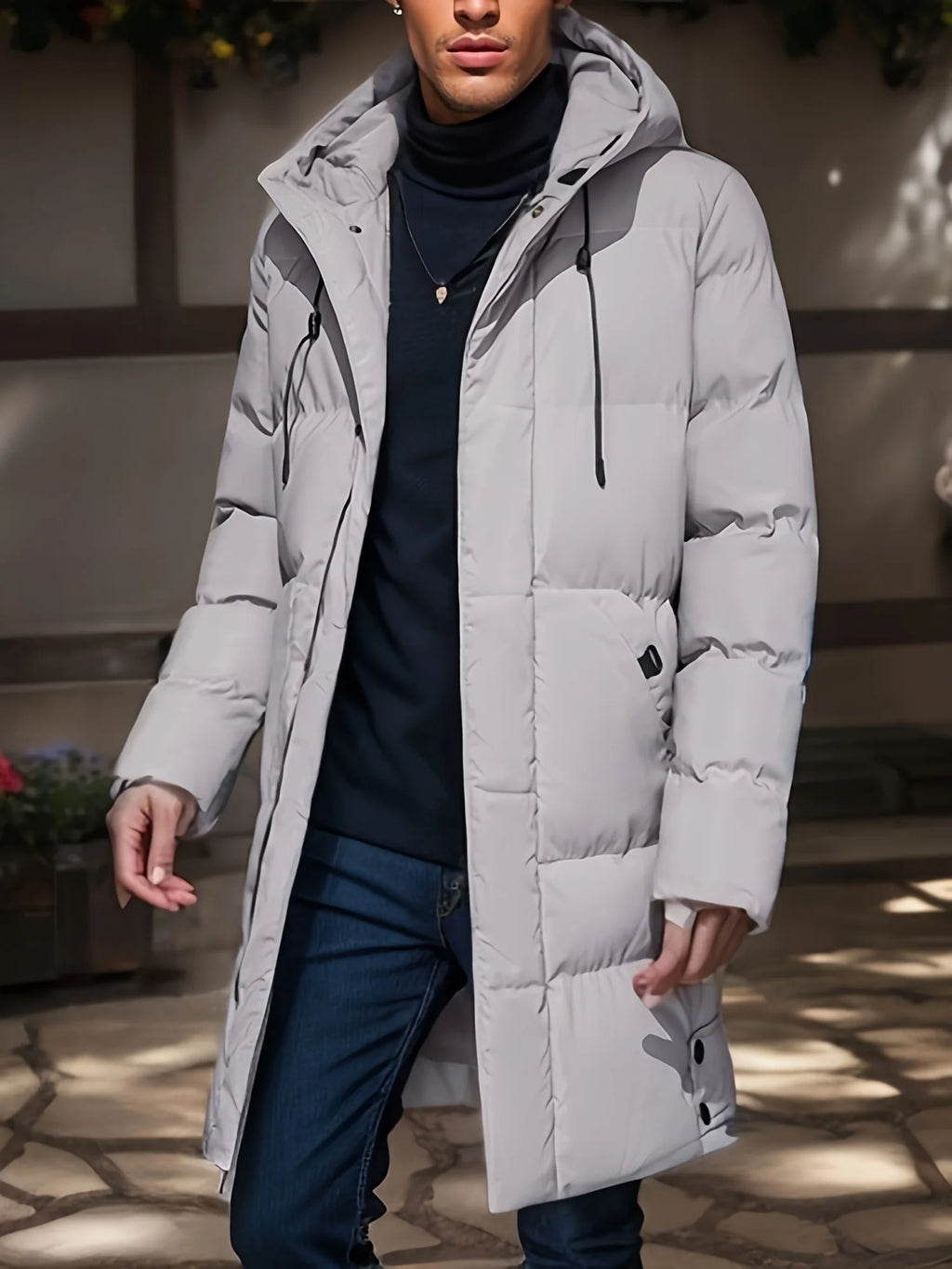 2026 Warm Hooded Mid-length Jacket Mens Casual Zip Up Cotton Padded Jacket Overcoat Autumn Winter Windbreaker Coats Men Clothing