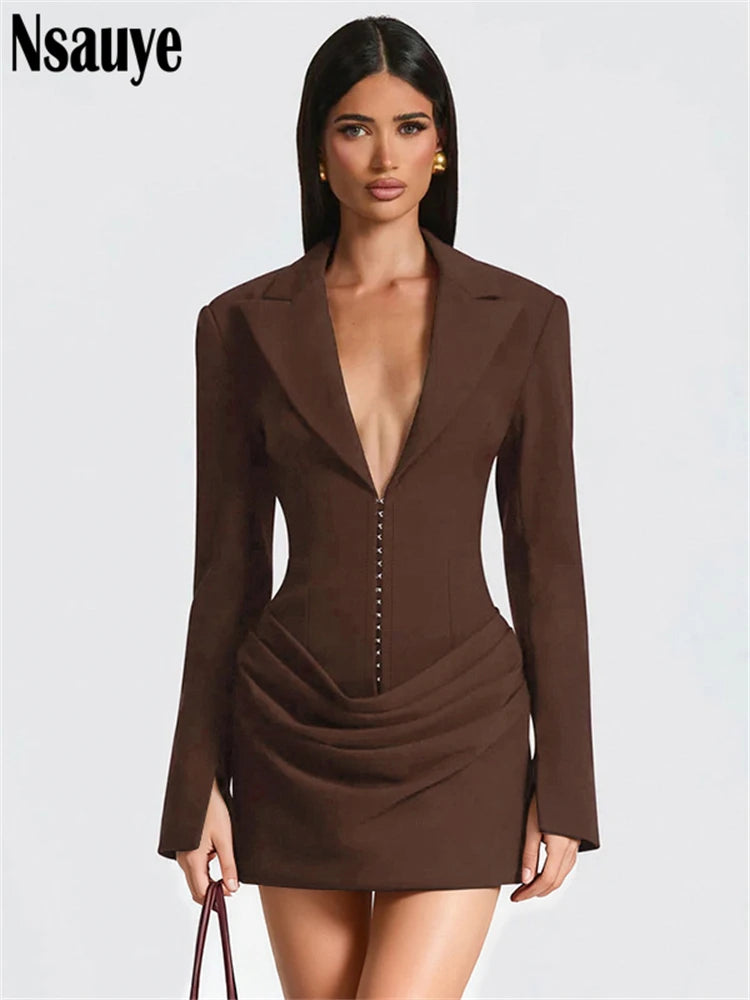 Nsauye Elegant Evening Short Dress Women Fall Long Sleeve Sexy Fashion Night Club Party White Mini Wrap Corset Dress 2025 Winter