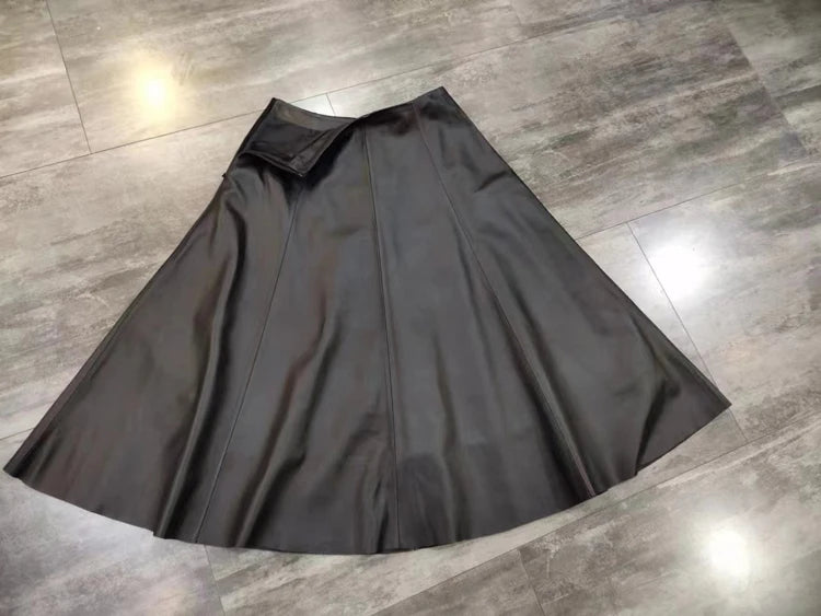 Genuine Leather Skirts For Women 2025 Europe Street Top Layer Sheepskin Pleated Faldas Mujer Long Umbrella Super Large Hem Jupe