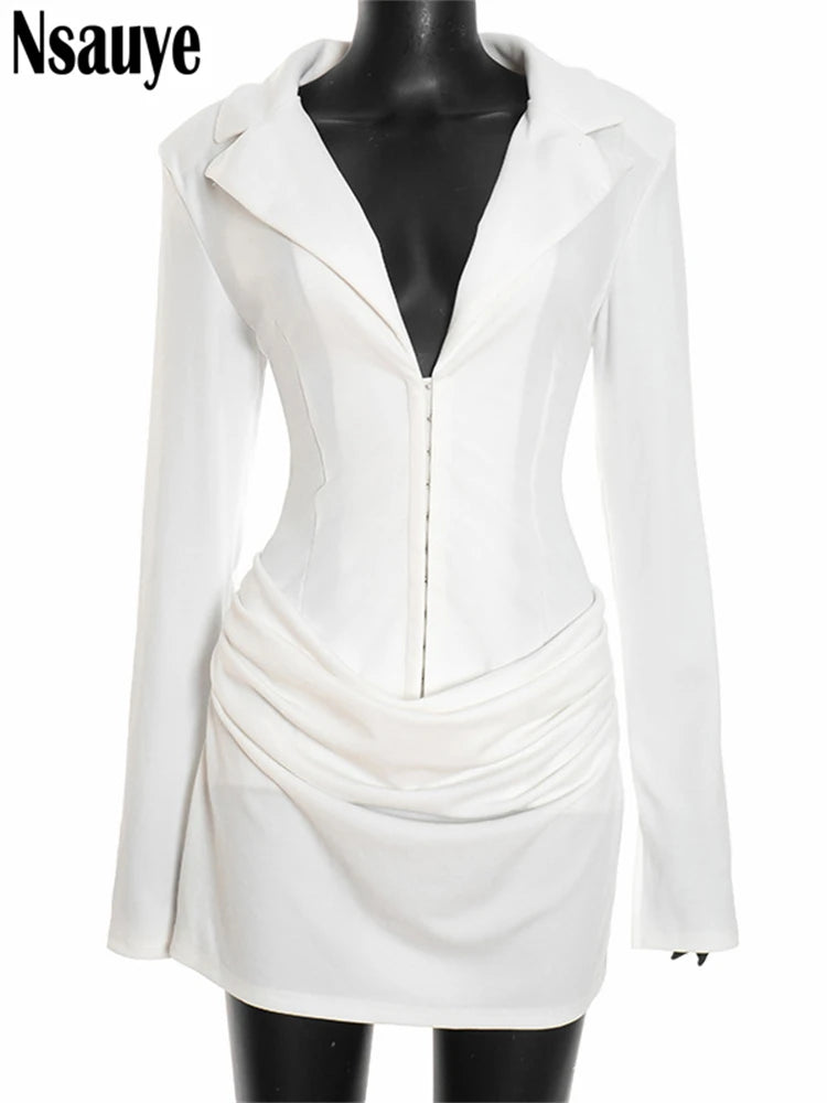 Nsauye Elegant Evening Short Dress Women Fall Long Sleeve Sexy Fashion Night Club Party White Mini Wrap Corset Dress 2025 Winter