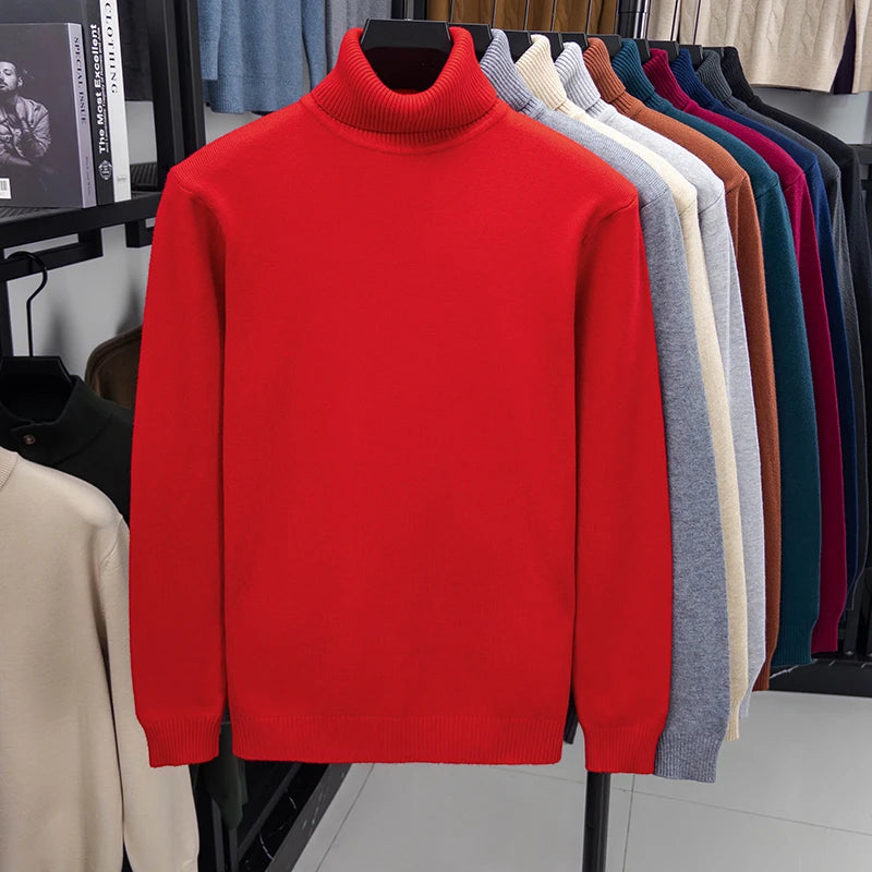 Autumn Mens High Quality Knitted Turtleneck Sweater Slim Fit Long Sleeve Anti-pilling Pullover Solid Color Trend Men Streetwea