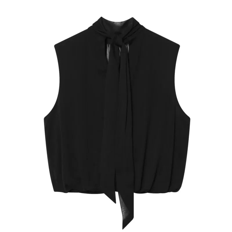 Women's Draped Balloon Vest Spring Summer High Neck Sleeveless Women Tank Top Crossover Puffed Hem Simple Female Chic Tops