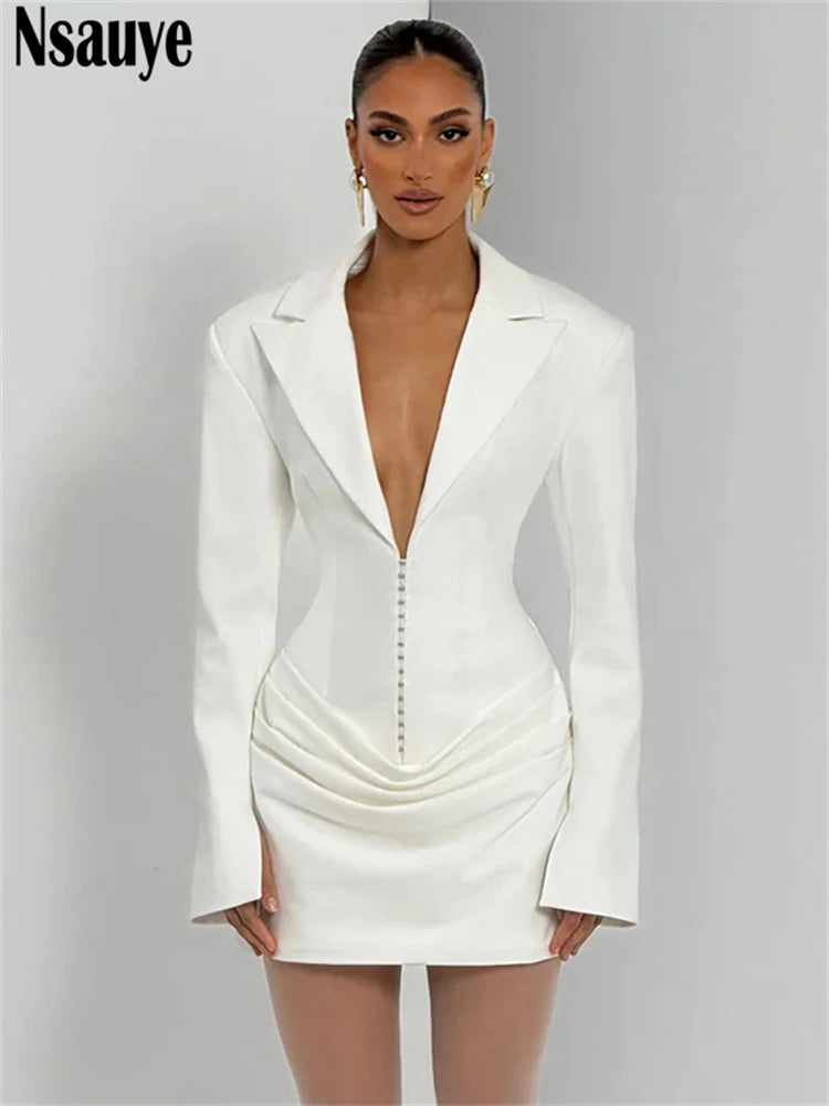 Nsauye Elegant Evening Short Dress Women Fall Long Sleeve Sexy Fashion Night Club Party White Mini Wrap Corset Dress 2025 Winter