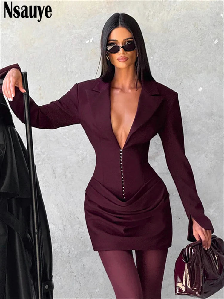 Nsauye Elegant Evening Short Dress Women Fall Long Sleeve Sexy Fashion Night Club Party White Mini Wrap Corset Dress 2025 Winter
