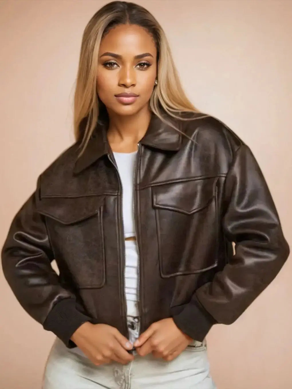 Women Retro Vintage Coffee Faux Leather PU Baseball Jackets Female Moto Biker Pockets Mate Suede Loose Fit Streetwear Coats Tops