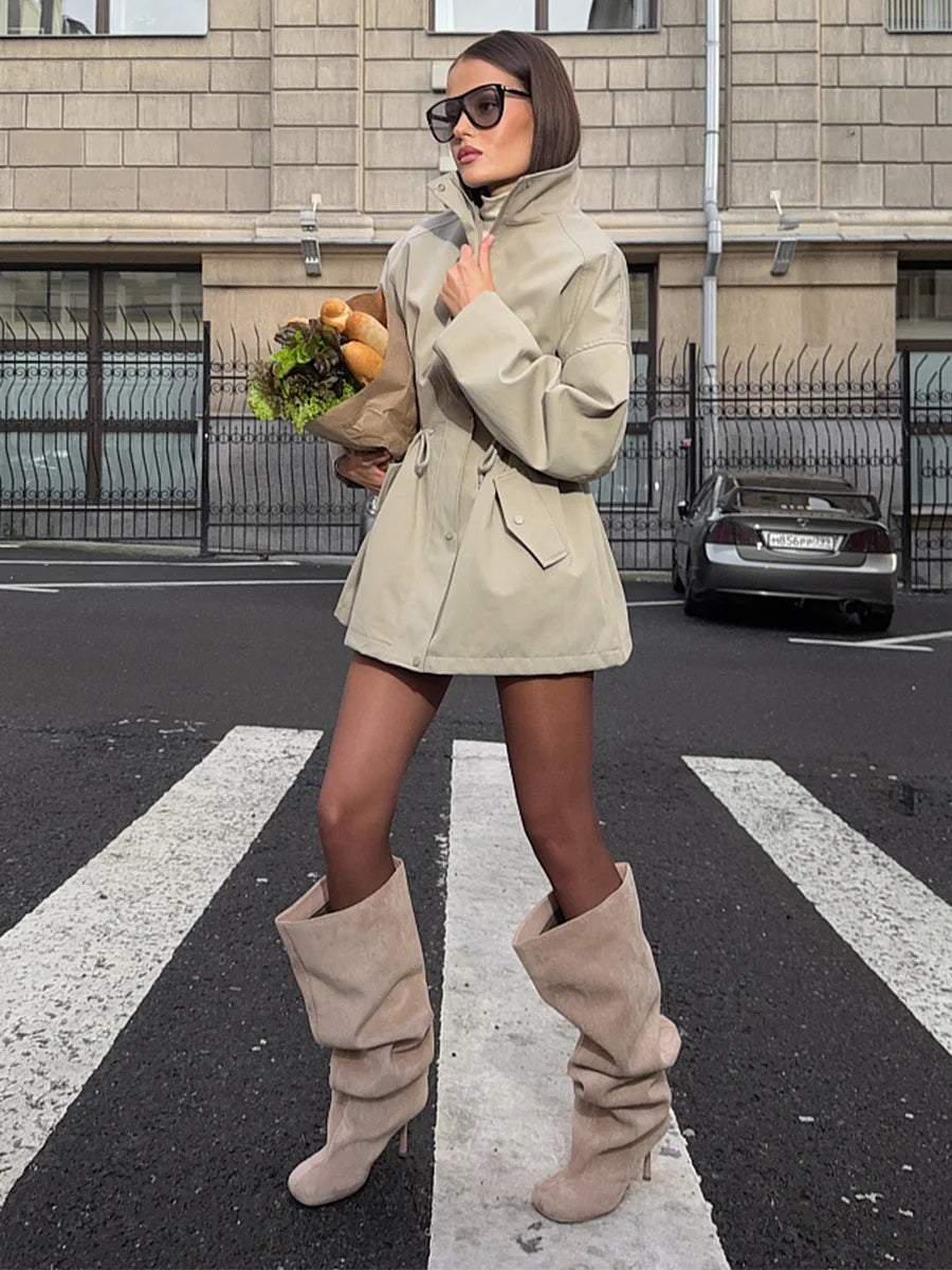 Tossy Stand Collar Lace-Up Trench Jacket Fashion Female Autumn 2025 Commute Long Sleeves Casual Women's High Waist Trench Coat