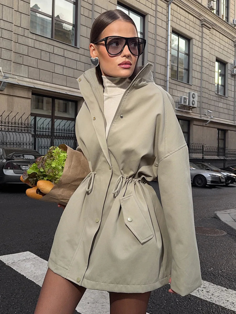 Tossy Stand Collar Lace-Up Trench Jacket Fashion Female Autumn 2025 Commute Long Sleeves Casual Women's High Waist Trench Coat