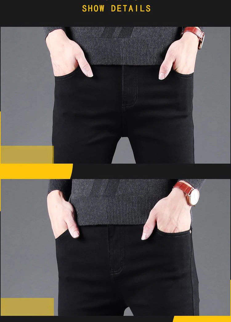 Spring Autumn New Men's Pure Black Slim Jeans Elastic Straight Pants Business Fashion Leisure Korean Vintage Denim Pants Male