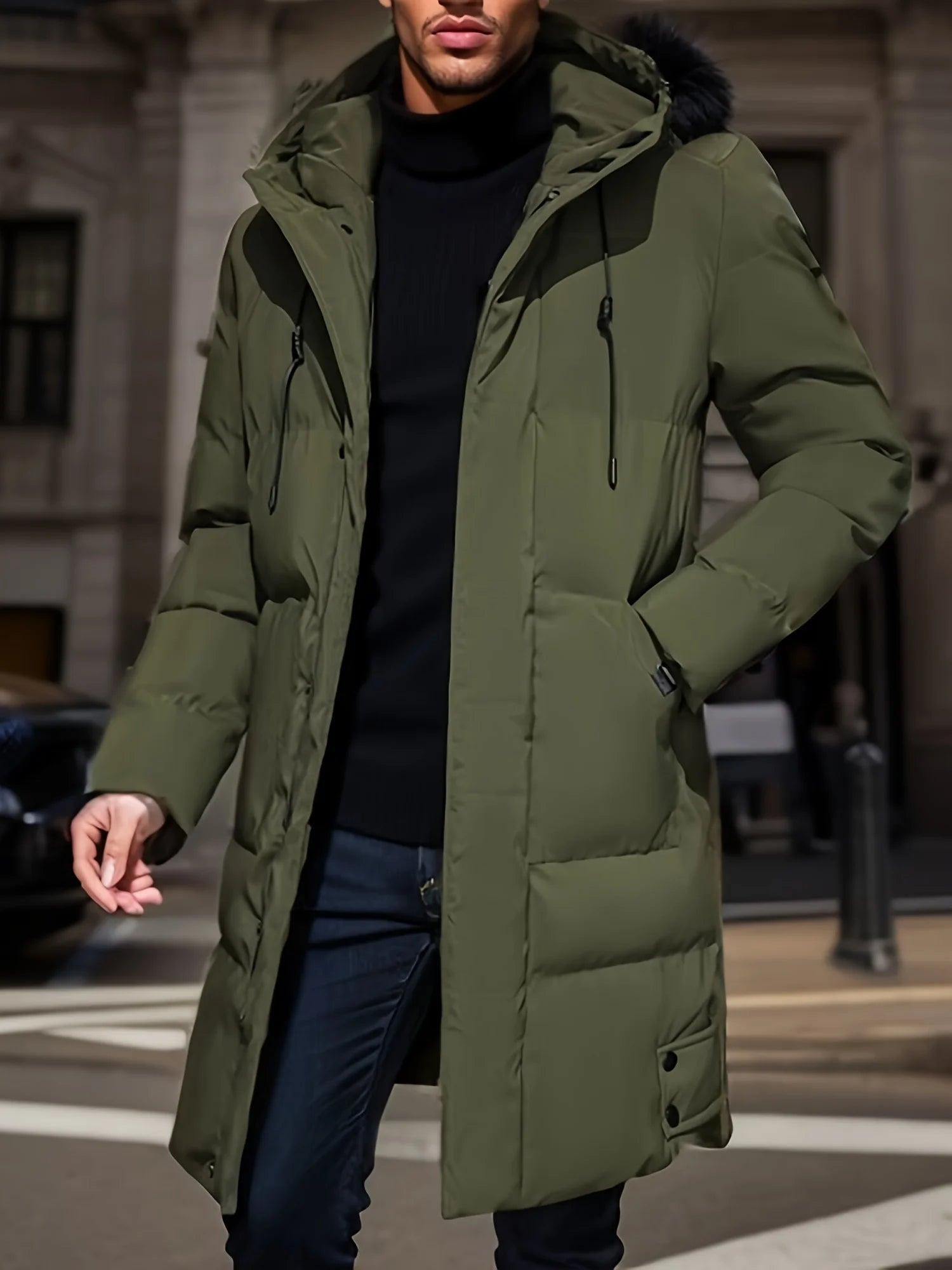2026 Warm Hooded Mid-length Jacket Mens Casual Zip Up Cotton Padded Jacket Overcoat Autumn Winter Windbreaker Coats Men Clothing
