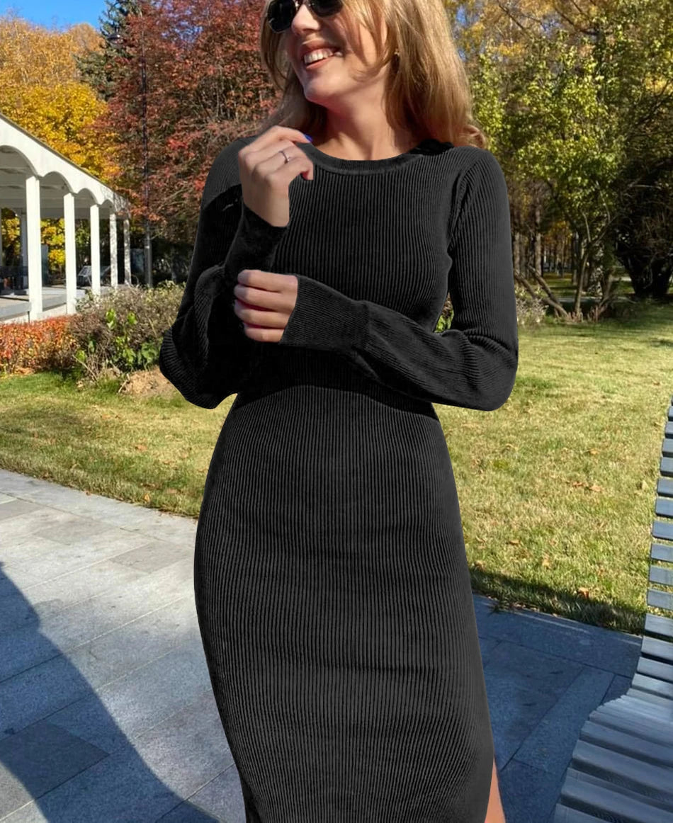 Black Women Knitted Dress with Side Slits Bodycon Autumn Winter Tight Dresses Elegant Long Sleeve Female Ribbed Knit Dress 2025