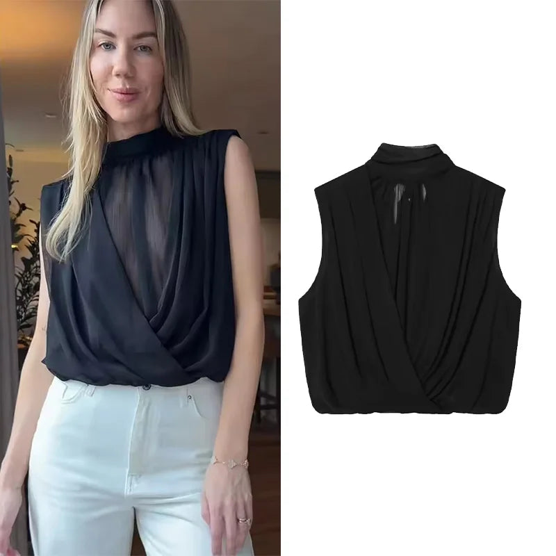 Women's Draped Balloon Vest Spring Summer High Neck Sleeveless Women Tank Top Crossover Puffed Hem Simple Female Chic Tops