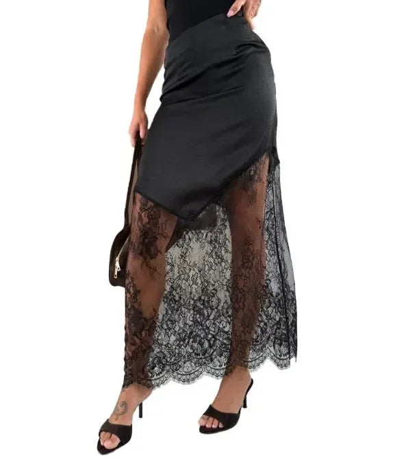Elegant Women Sexy Lace Skirt Chic Patchwork Blue Pleated Mini Skirt With Cinched Waist 2025 New Party Summer Evening Skirts