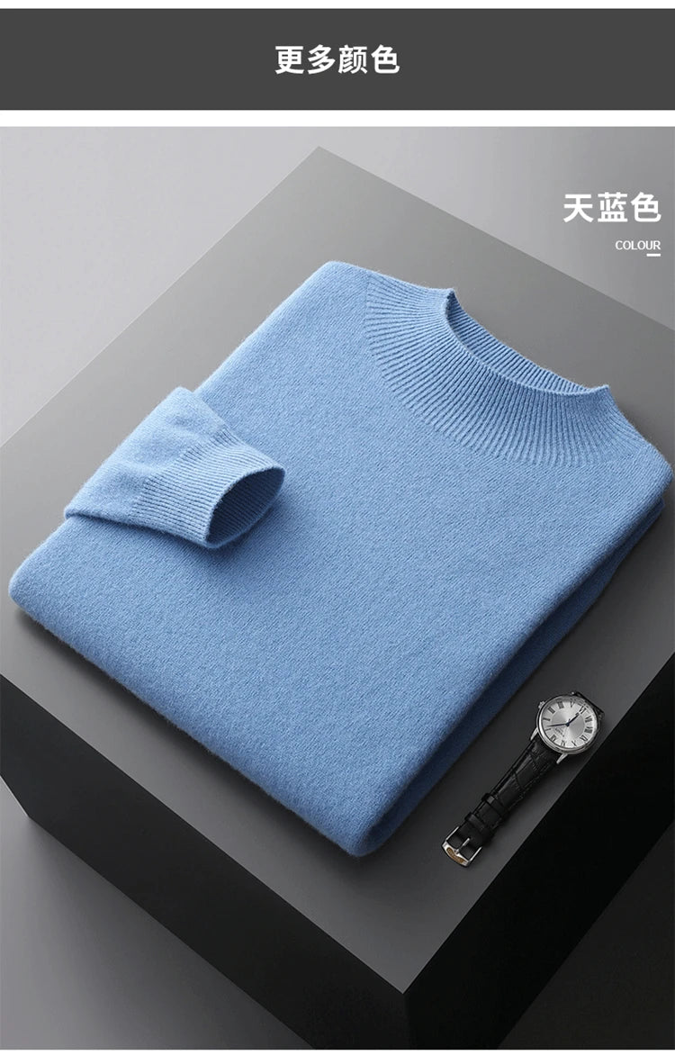 Men's Semi-High Collar First-line Clothing 100% Pure Wool Sweater Autumn New Loose Knit Pullover Leisure Long Sleeve Jacket Tops