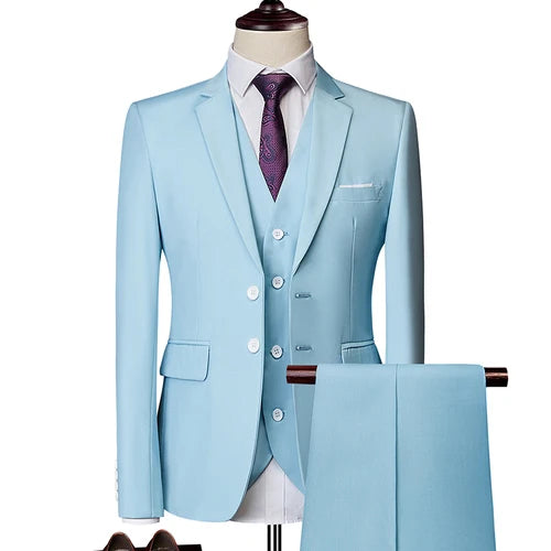 Men Suits Blazers 3 Pieces 2 Sets Elegant  Wedding Business Vest Pants Blue Coats 2022 Formal Jackets Korean
