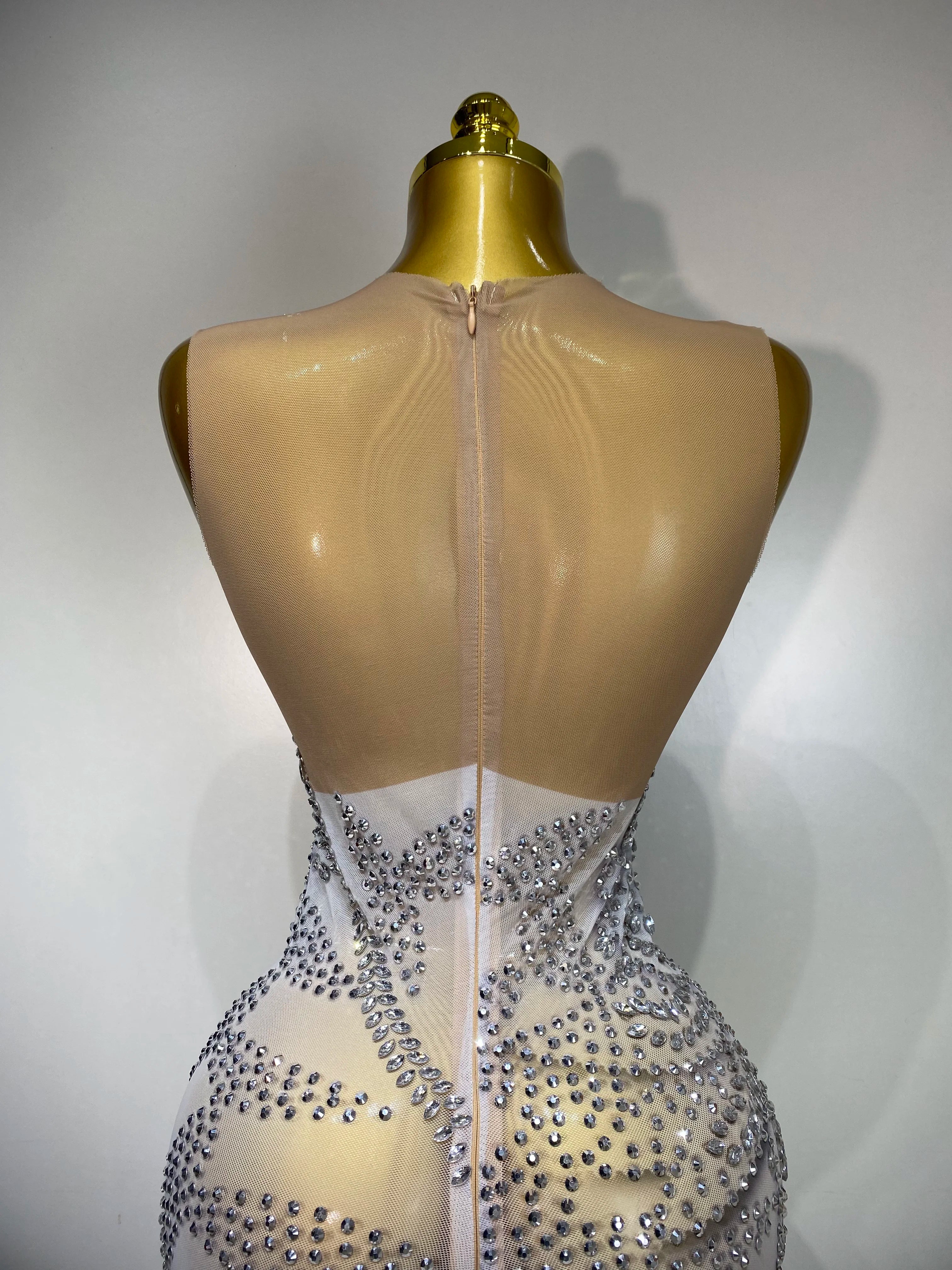Luxury Rhinestone Sleeveless Silver Long Dress Women Sexy Mesh See Through Evening Prom Birthday Photo Shoot Singer Stage Outfit