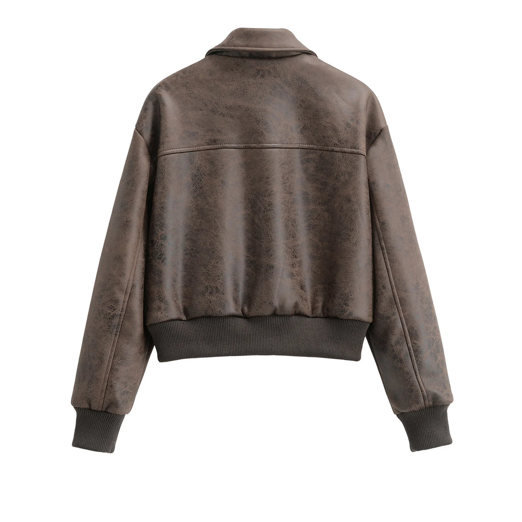 Women Retro Vintage Coffee Faux Leather PU Baseball Jackets Female Moto Biker Pockets Mate Suede Loose Fit Streetwear Coats Tops
