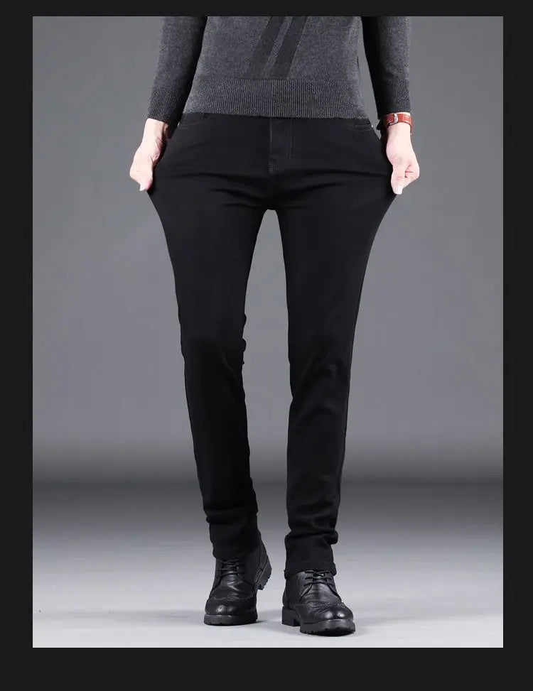 Spring Autumn New Men's Pure Black Slim Jeans Elastic Straight Pants Business Fashion Leisure Korean Vintage Denim Pants Male