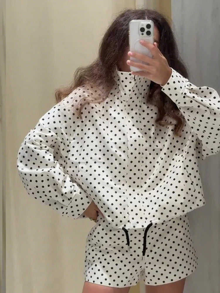 Elegant Polka Dot Jacket Sets For Women Autumn Stand Collar Drawstring Coats High Waist Shorts 2 Pieces Sets Lady Street Outfits