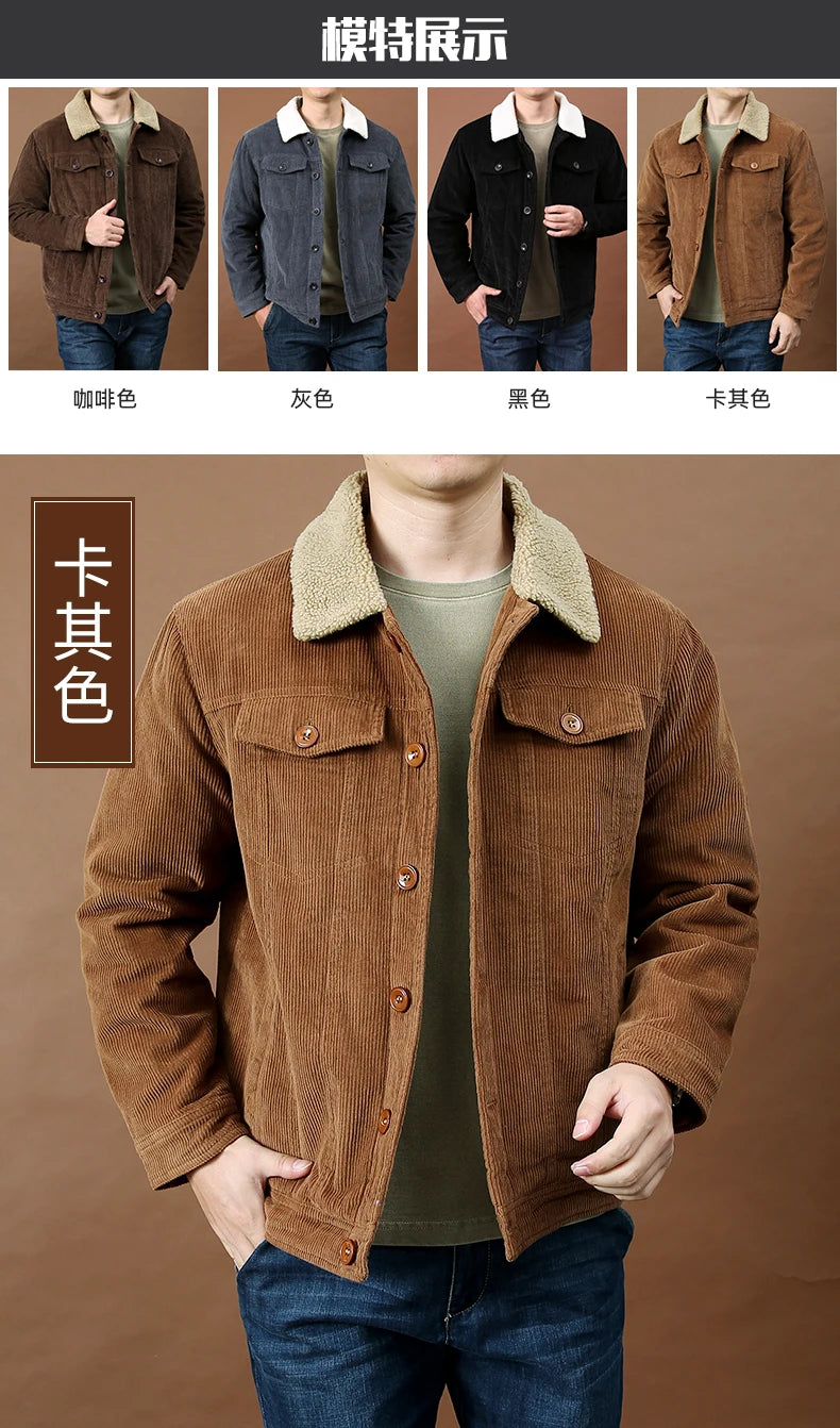 Men's Outdoor Sportswear Parkas Men's Corduroy Jacket High-quality Plush Retro Short Style Lapel Button Thick Winter Warm Jacket
