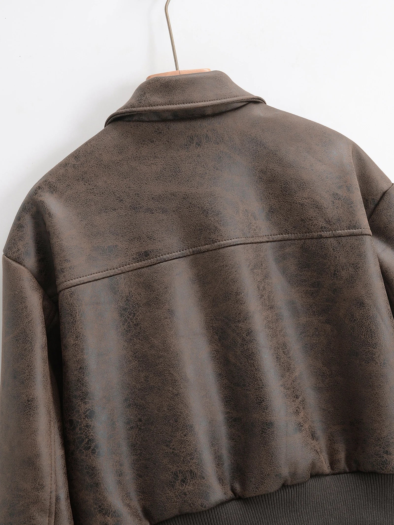 Women Retro Vintage Coffee Faux Leather PU Baseball Jackets Female Moto Biker Pockets Mate Suede Loose Fit Streetwear Coats Tops