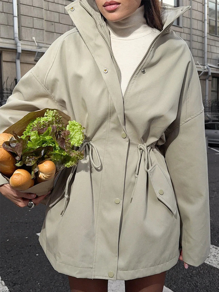 Tossy Stand Collar Lace-Up Trench Jacket Fashion Female Autumn 2025 Commute Long Sleeves Casual Women's High Waist Trench Coat