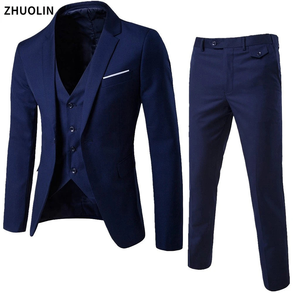 Men Suits Blazers 3 Pieces 2 Sets Elegant  Wedding Business Vest Pants Blue Coats 2022 Formal Jackets Korean
