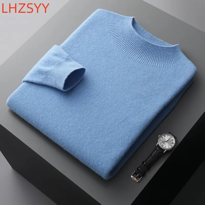 Men's Semi-High Collar First-line Clothing 100% Pure Wool Sweater Autumn New Loose Knit Pullover Leisure Long Sleeve Jacket Tops