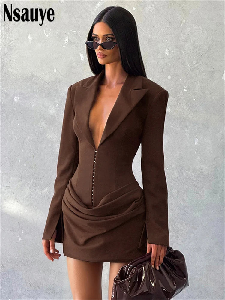 Nsauye Elegant Evening Short Dress Women Fall Long Sleeve Sexy Fashion Night Club Party White Mini Wrap Corset Dress 2025 Winter