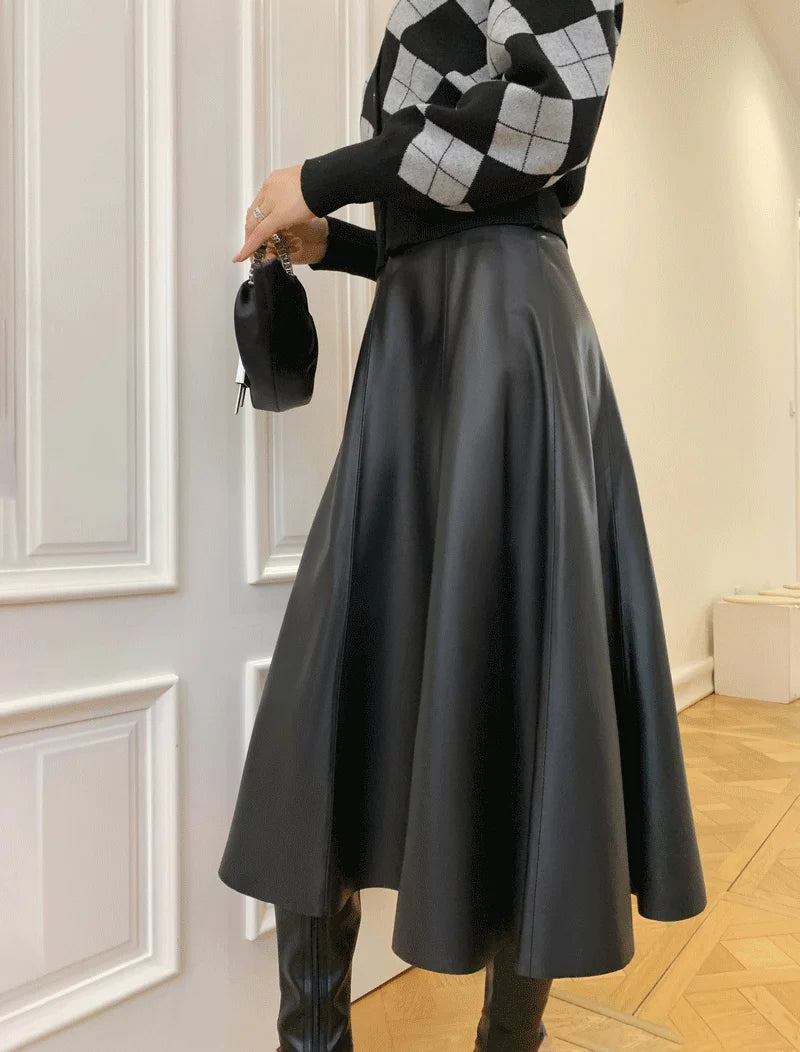 Genuine Leather Skirts For Women 2025 Europe Street Top Layer Sheepskin Pleated Faldas Mujer Long Umbrella Super Large Hem Jupe
