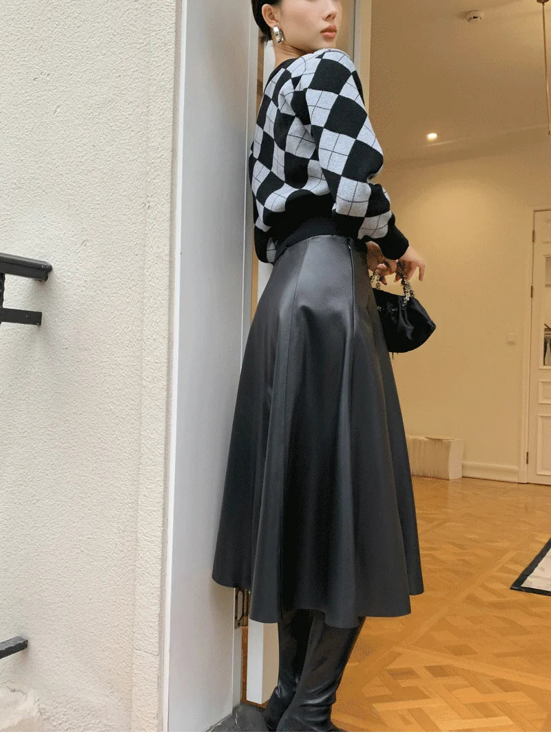 Genuine Leather Skirts For Women 2025 Europe Street Top Layer Sheepskin Pleated Faldas Mujer Long Umbrella Super Large Hem Jupe