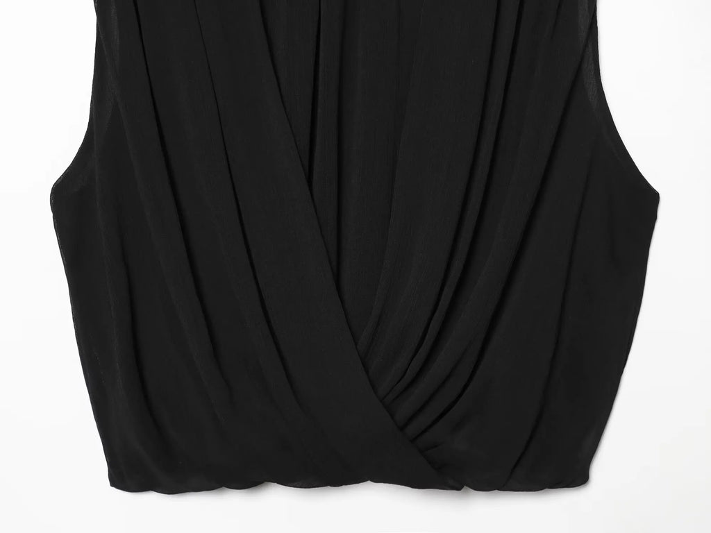 Women's Draped Balloon Vest Spring Summer High Neck Sleeveless Women Tank Top Crossover Puffed Hem Simple Female Chic Tops