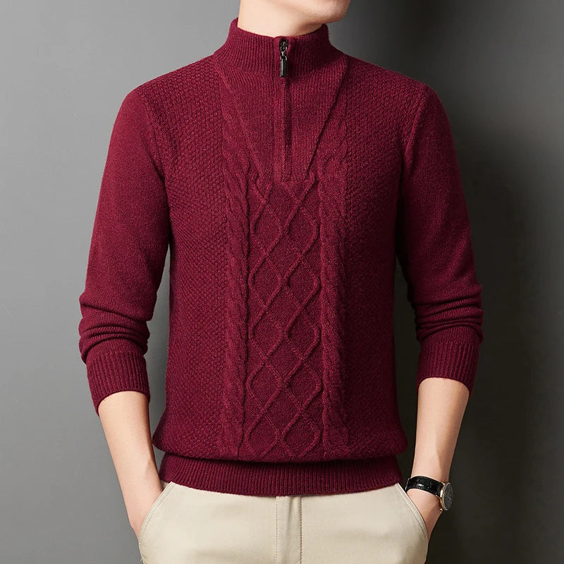 Men's Wool Sweater Half-Zip High-Neck Pullover Thickened Winter Dadwear Innerwear Base Layer