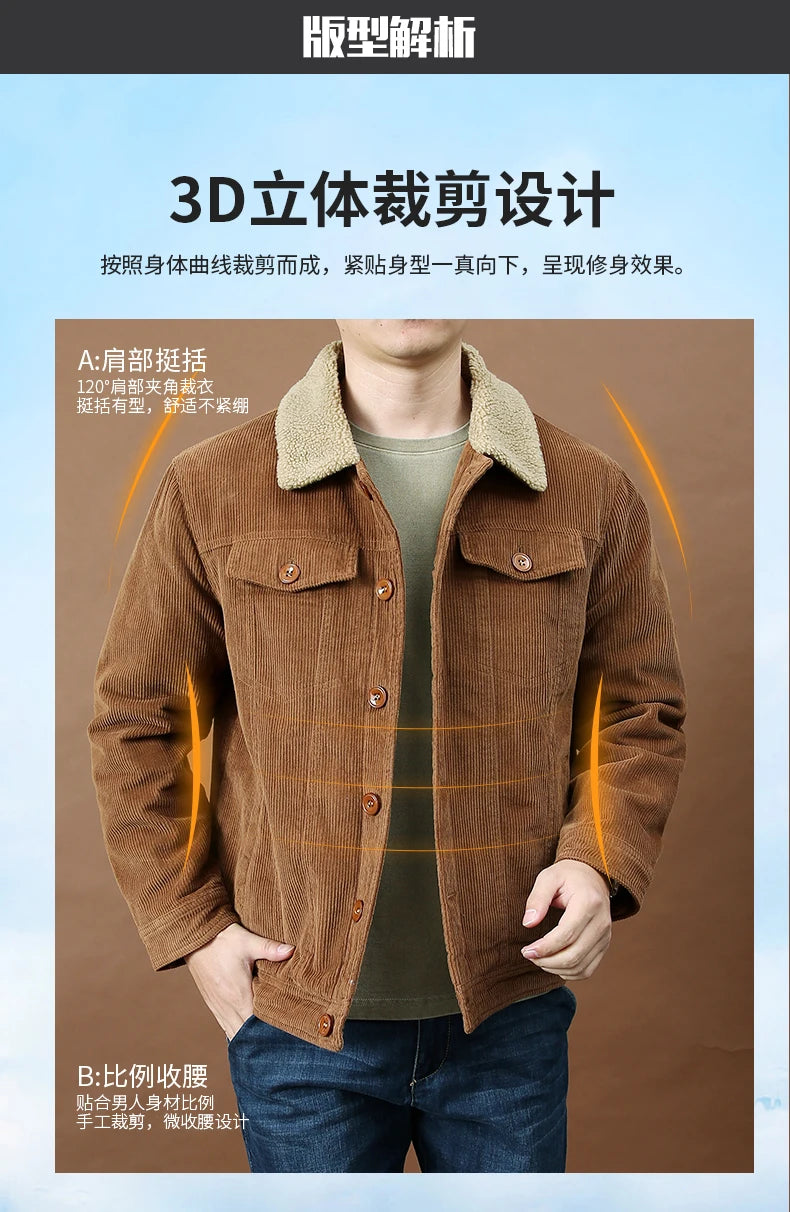 Men's Outdoor Sportswear Parkas Men's Corduroy Jacket High-quality Plush Retro Short Style Lapel Button Thick Winter Warm Jacket