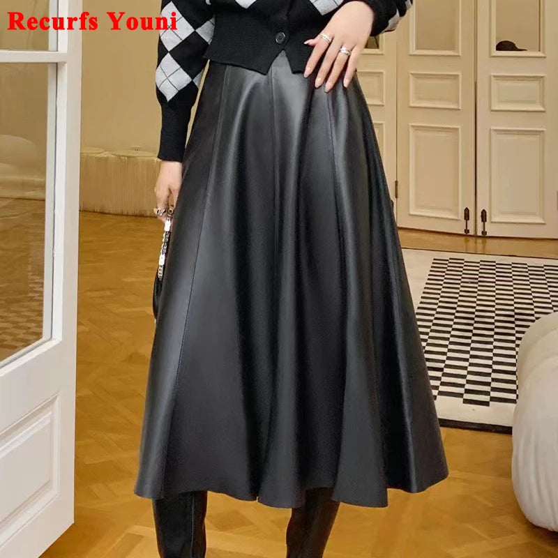 Genuine Leather Skirts For Women 2025 Europe Street Top Layer Sheepskin Pleated Faldas Mujer Long Umbrella Super Large Hem Jupe