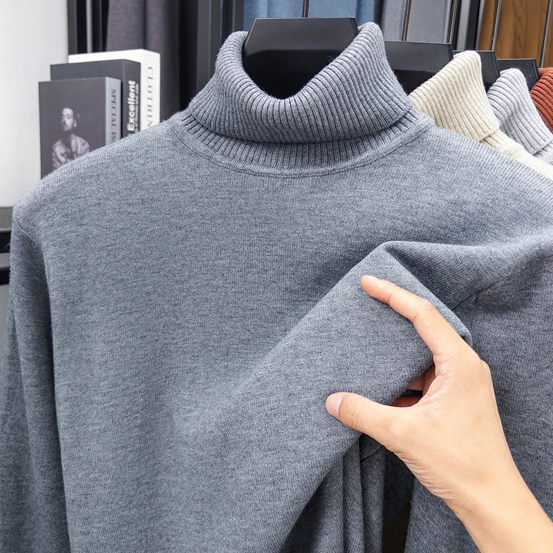 Autumn Mens High Quality Knitted Turtleneck Sweater Slim Fit Long Sleeve Anti-pilling Pullover Solid Color Trend Men Streetwea
