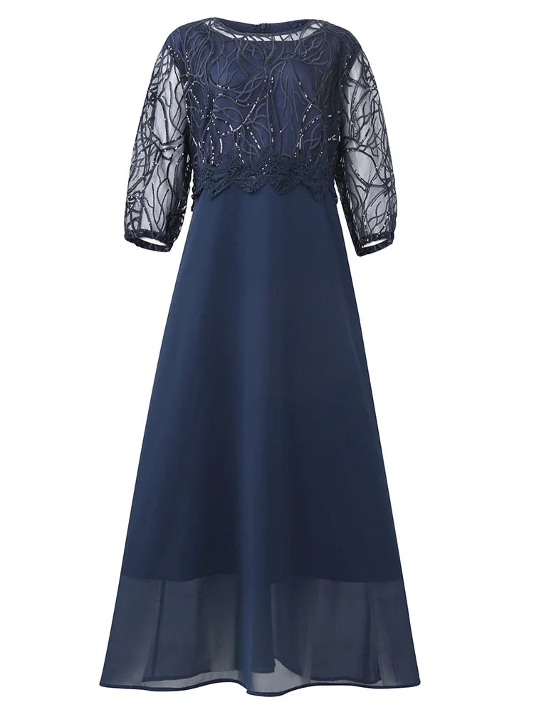 5XL Plus Size Party Dress Woman 2023 Spring Summer Sequined Lace Patchwork Elegant Dress for  Ladies From 50 To 60 Years