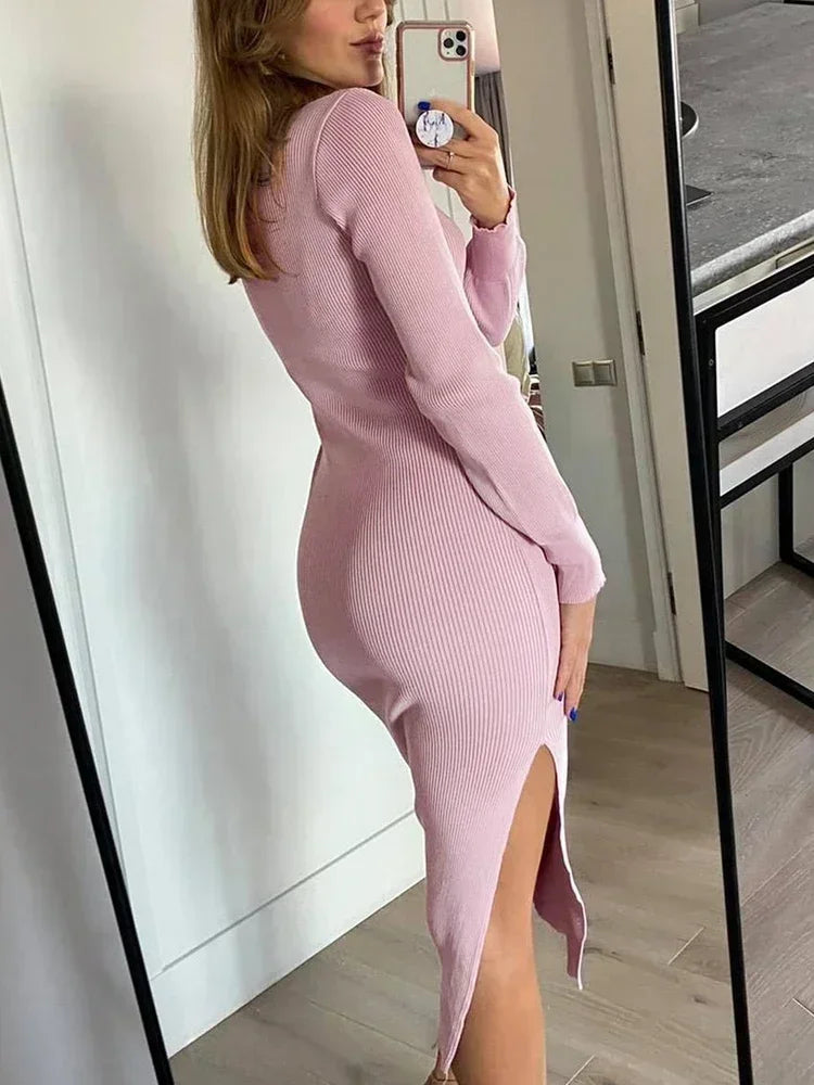 Black Women Knitted Dress with Side Slits Bodycon Autumn Winter Tight Dresses Elegant Long Sleeve Female Ribbed Knit Dress 2025