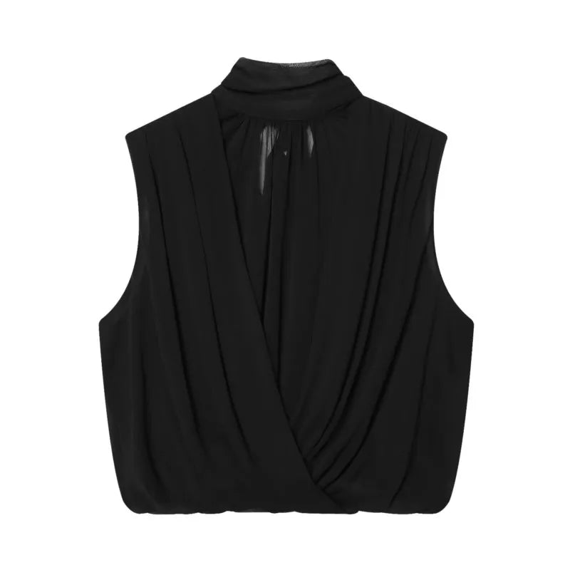 Women's Draped Balloon Vest Spring Summer High Neck Sleeveless Women Tank Top Crossover Puffed Hem Simple Female Chic Tops