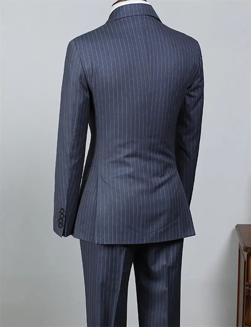 Navy Blue Men's Striped Business Suit 2-piece Set Suit Jacket Suit Pants Double Breasted Slim Fit Man Suit Groom's Wedding Suit