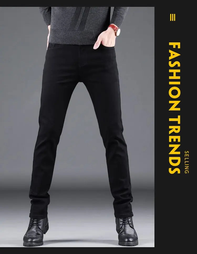 Spring Autumn New Men's Pure Black Slim Jeans Elastic Straight Pants Business Fashion Leisure Korean Vintage Denim Pants Male