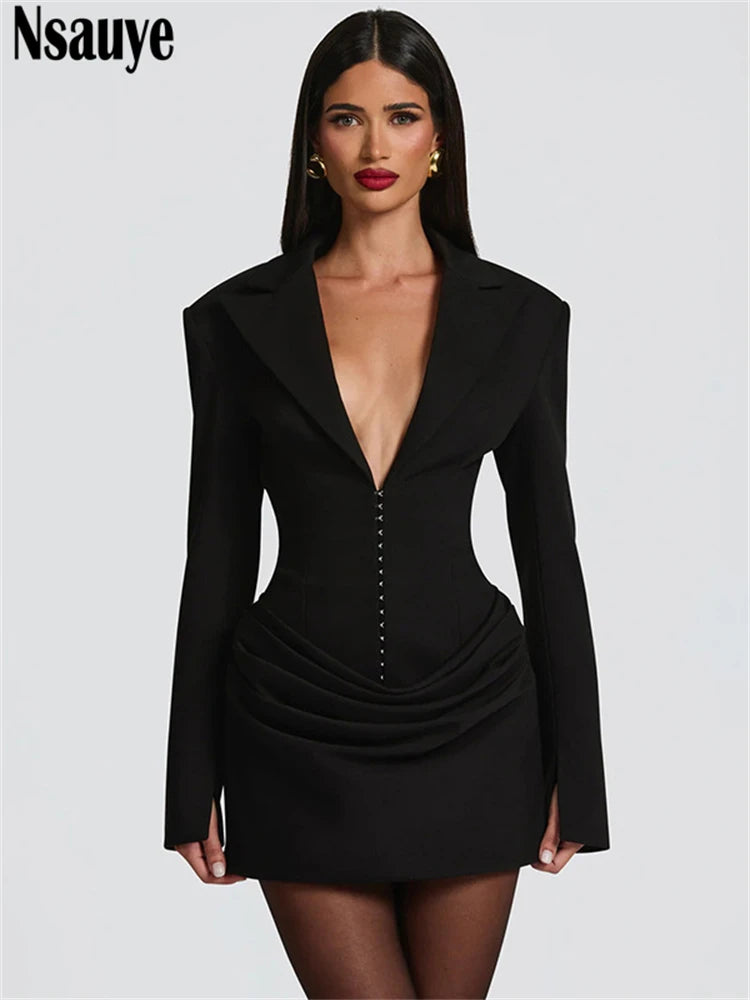 Nsauye Elegant Evening Short Dress Women Fall Long Sleeve Sexy Fashion Night Club Party White Mini Wrap Corset Dress 2025 Winter
