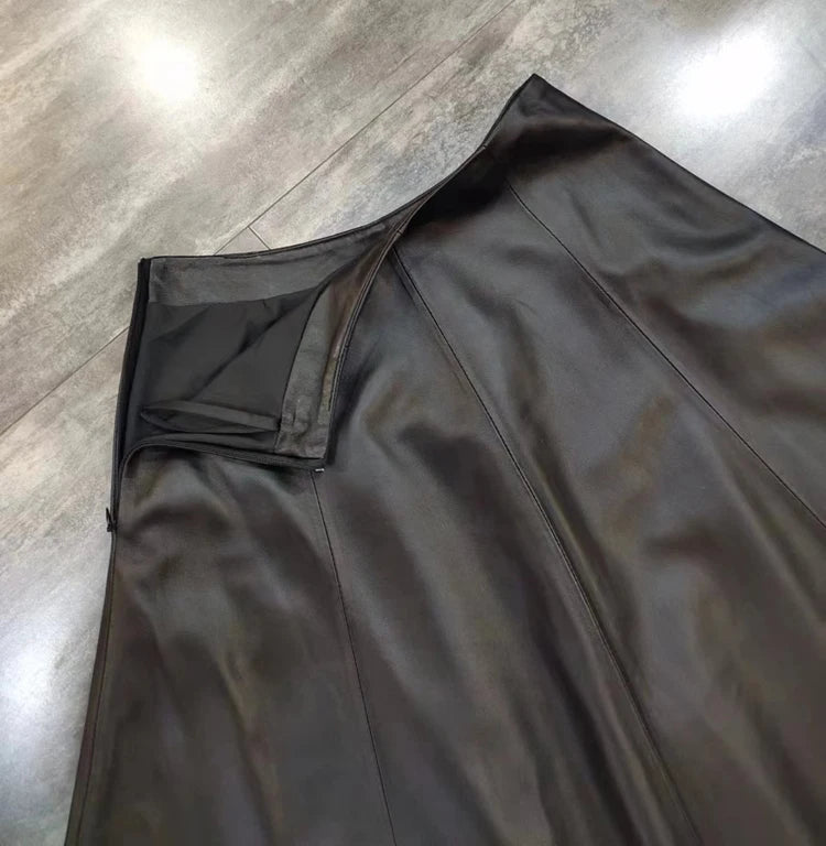 Genuine Leather Skirts For Women 2025 Europe Street Top Layer Sheepskin Pleated Faldas Mujer Long Umbrella Super Large Hem Jupe