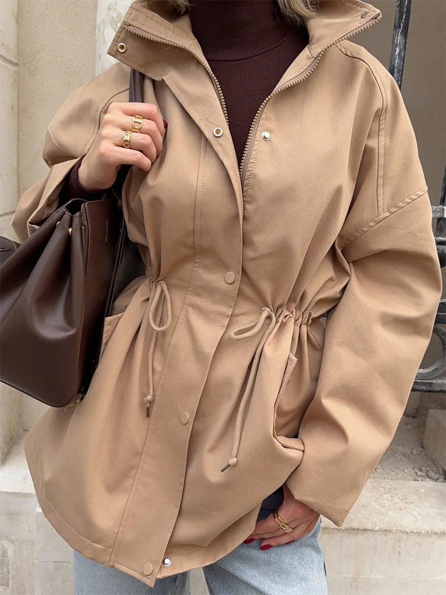 Tossy Stand Collar Lace-Up Trench Jacket Fashion Female Autumn 2025 Commute Long Sleeves Casual Women's High Waist Trench Coat