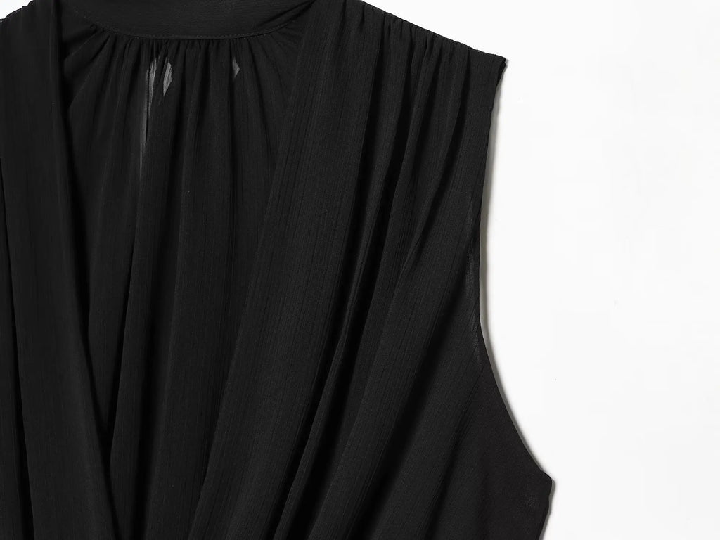 Women's Draped Balloon Vest Spring Summer High Neck Sleeveless Women Tank Top Crossover Puffed Hem Simple Female Chic Tops