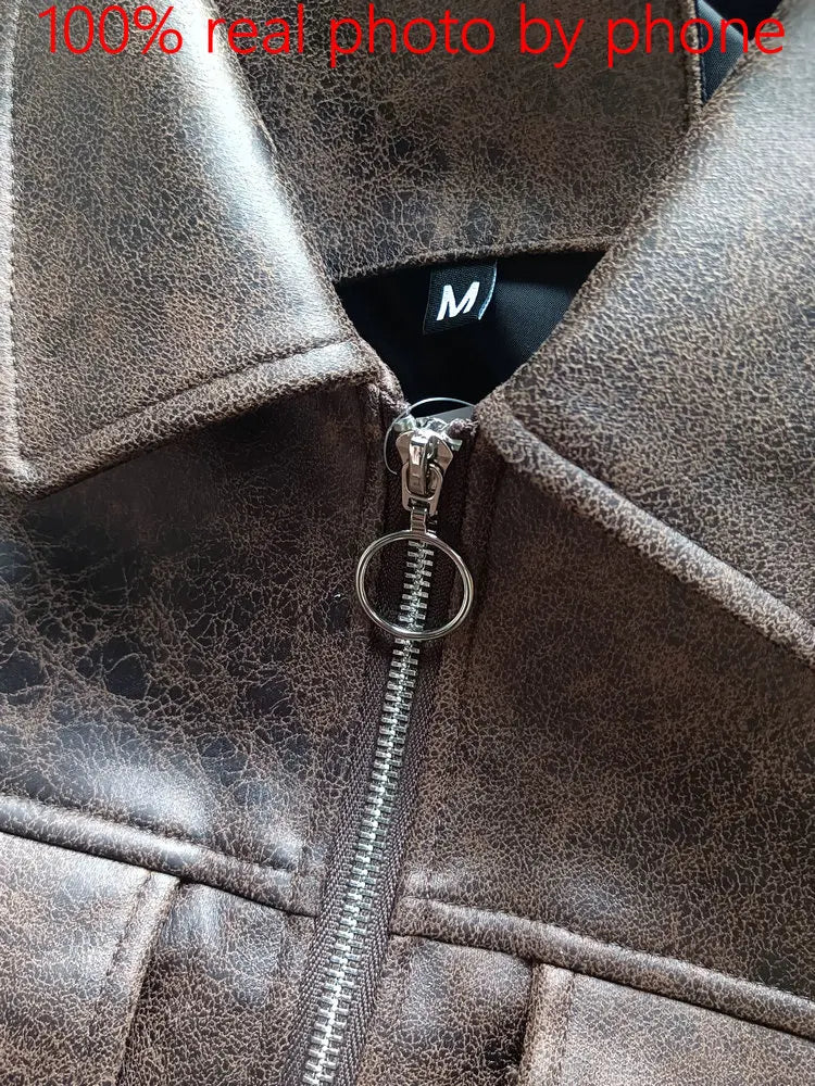 Women Retro Vintage Coffee Faux Leather PU Baseball Jackets Female Moto Biker Pockets Mate Suede Loose Fit Streetwear Coats Tops