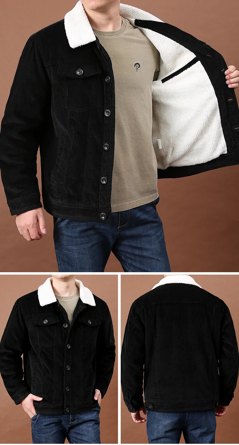 Men's Outdoor Sportswear Parkas Men's Corduroy Jacket High-quality Plush Retro Short Style Lapel Button Thick Winter Warm Jacket