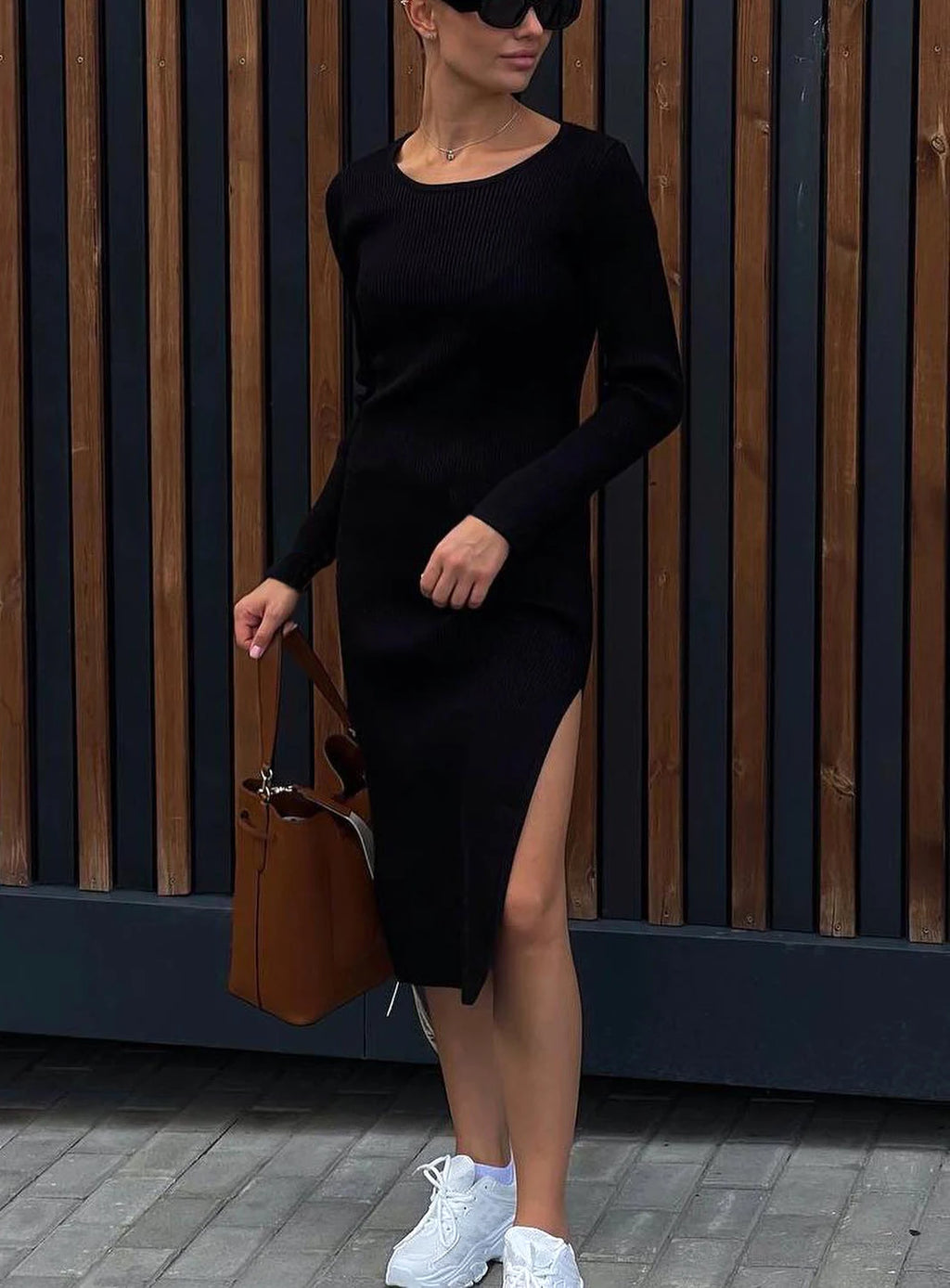 Black Women Knitted Dress with Side Slits Bodycon Autumn Winter Tight Dresses Elegant Long Sleeve Female Ribbed Knit Dress 2025