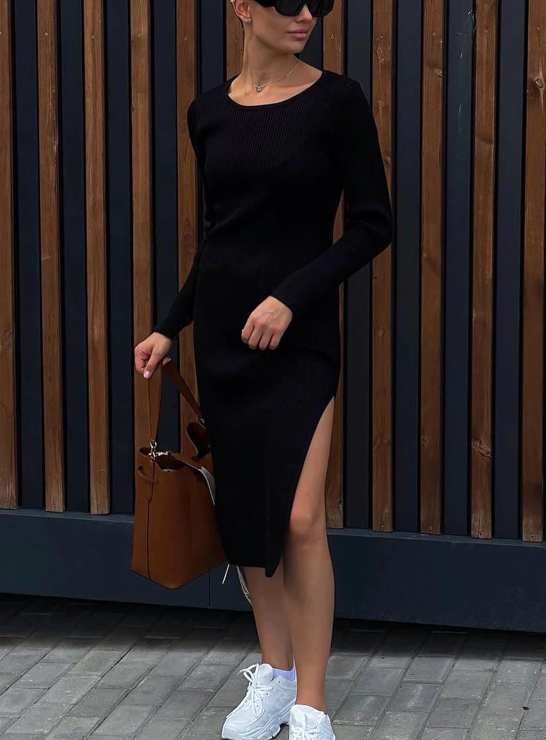 Black Women Knitted Dress with Side Slits Bodycon Autumn Winter Tight Dresses Elegant Long Sleeve Female Ribbed Knit Dress 2025