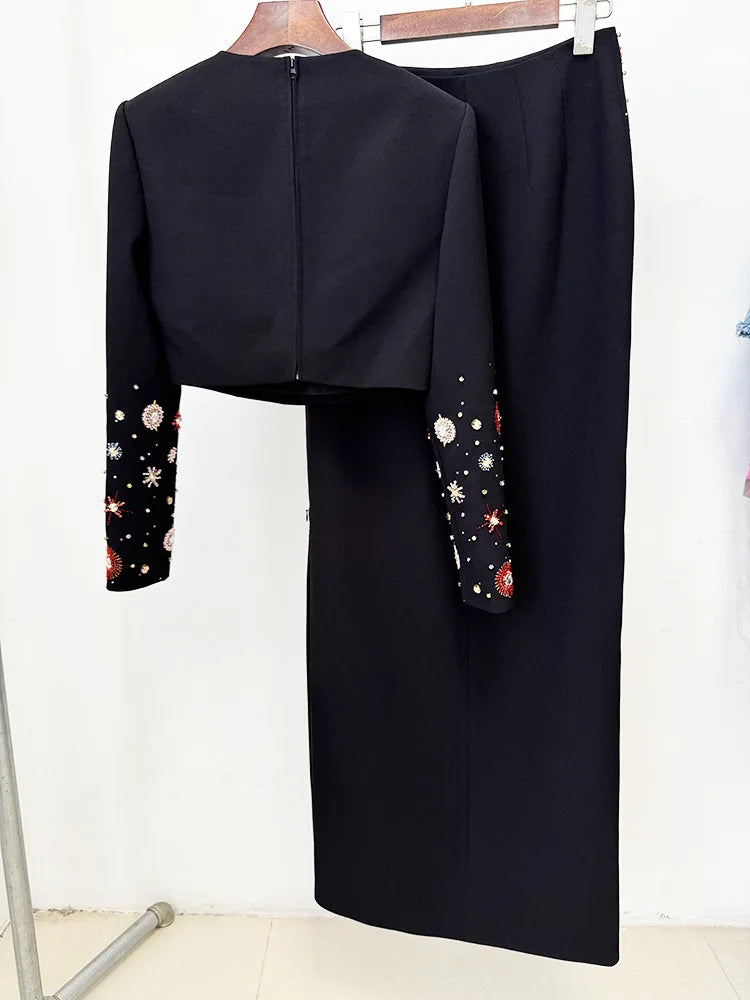 HIGH STREET Newest 2026 Designer Fashion Suit Set Women's  Diamonds Beaded Cropped Tops Long Skirt Set 2pcs